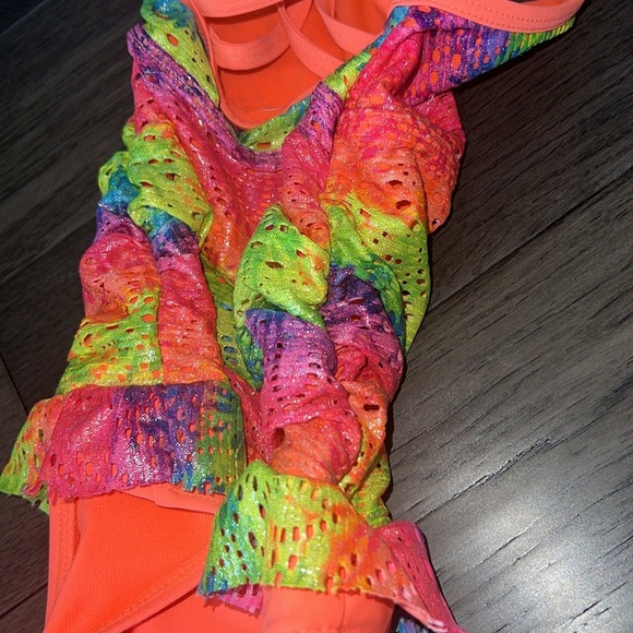 Toddler fluorescent metallic like multicolor rainbow crisscross strap swimsuit - Picture 5 of 9